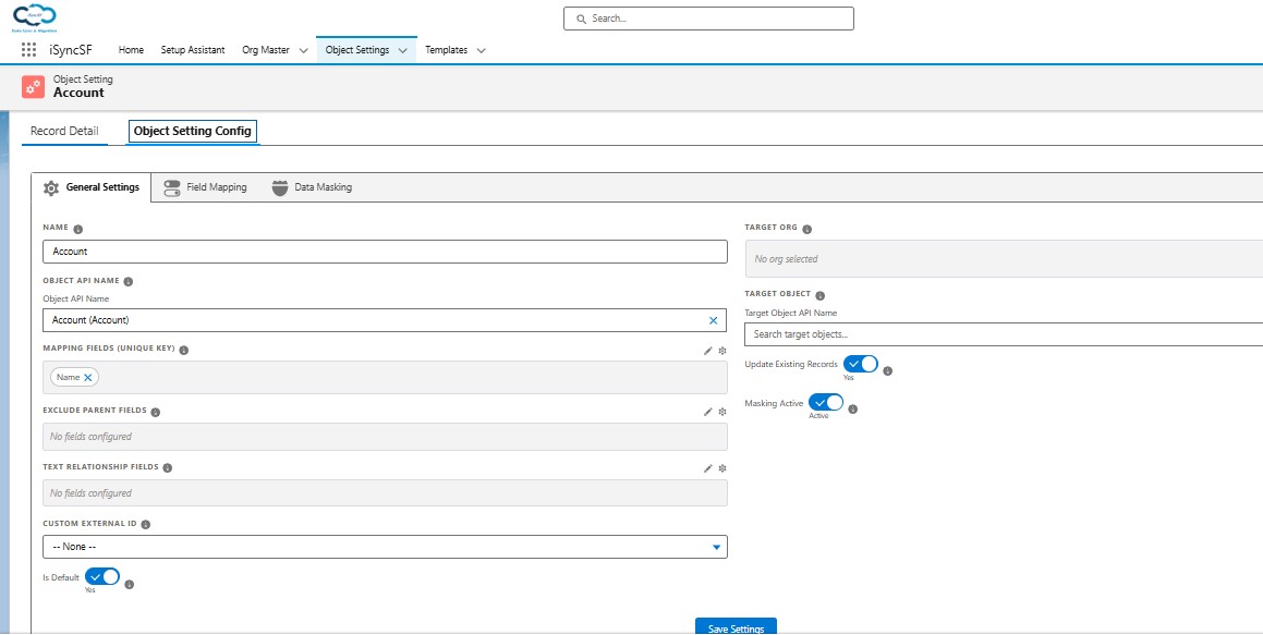 iSyncSF Object Settings record page showing the tabbed configuration layout for per-object sync behavior